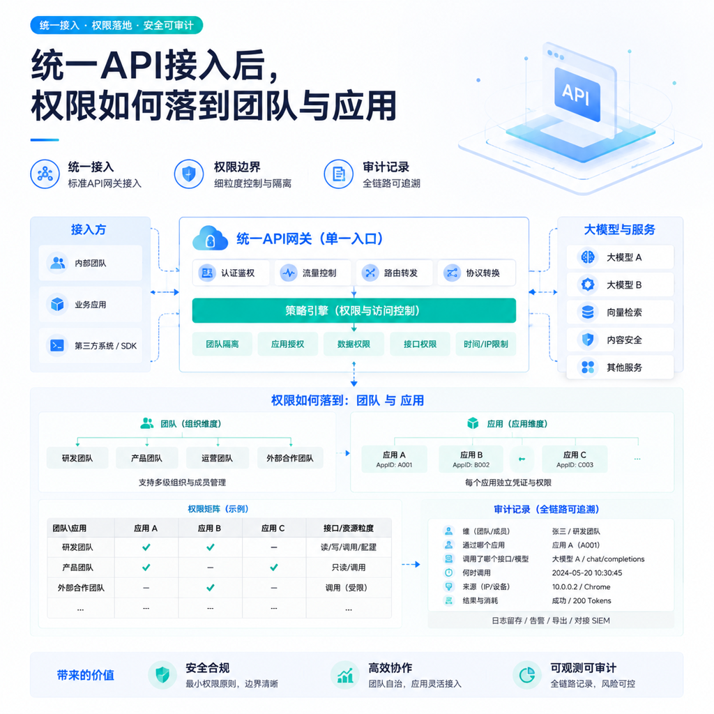 统一API接入后，模型调用权限如何落到团队与应用